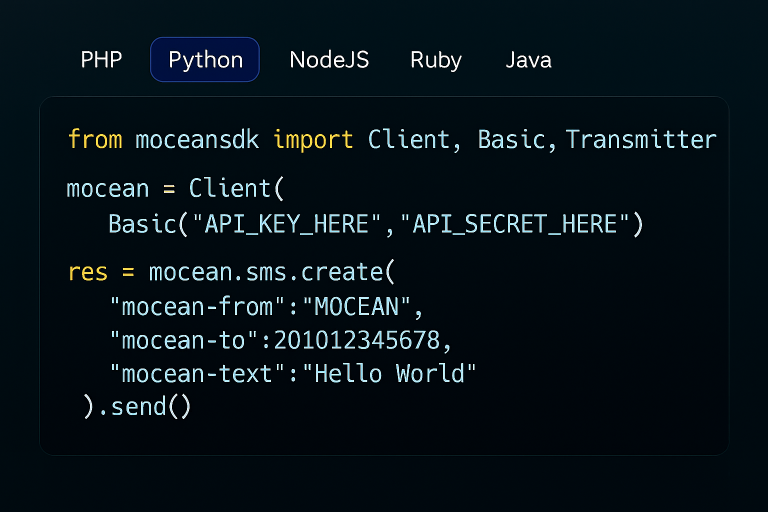 Python code example using Mocean’s SMS API to send instant messages